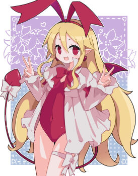 1girl blonde_hair blush bow bowtie covered_navel demon_girl demon_tail demon_wings disgaea disgaea_d2 double_v earrings eyelashes fallen_angel flonne floral_background hair_between_eyes heart heart_earrings highres jewelry leotard long_hair long_sleeves looking_at_viewer makai_senki_disgaea open_mouth outline pointy_ears red_bow red_bowtie red_eyes red_leotard red_wings ribbon smile solo standing suaman tail tail_bow tail_ornament thigh_strap v very_long_hair white_outline wings
