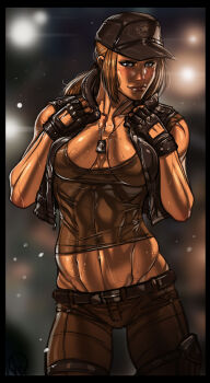 Rule 34 | 1girl, abs, belt, blonde hair, border, brown eyes, collarbone, dog tags, female focus, fingerless gloves, ganassa, gloves, groin, hat, highres, lips, midriff, mortal kombat (series), muscular, nose, pants, smile, solo, sonya blade, sports bra, vest