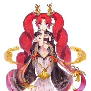 1girl antlers breasts dress horns long_hair navel otohime_(uchihime) pointy_ears purple_eyes red_hair twintails uchi_no_hime-sama_ga_ichiban_kawaii very_long_hair