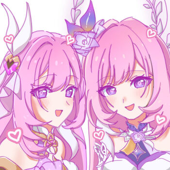 2girls breasts color_connection commentary_request company_connection cyrene_(honkai:_star_rail) cyrene_(ripples_of_past_reverie)_(honkai:_star_rail) diamond-shaped_pupils diamond_(shape) elysia_(herrscher_of_human:_ego)_(honkai_impact) elysia_(honkai_impact) flower hair_color_connection hair_flower hair_intakes hair_ornament halo heart highres honkai:_star_rail honkai_(series) honkai_impact_3rd inoue_marina long_hair multicolored_hair multiple_girls open_mouth pink_hair portrait purple_eyes smile symbol-shaped_pupils two-tone_hair very_long_hair vlh3tu voice_actor_connection white_hair yanning