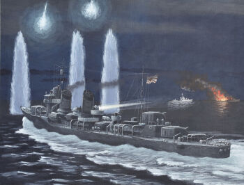 absurdres acrylic_paint_(medium) antenna_mast atelier_bono ayanami_(destroyer) battle cannon commentary destroyer fire flare guadalcanal_campaign highres historical_event imperial_japanese_navy japanese_flag military military_vehicle naval_battle night no_humans original painting_(medium) real_life revision searchlight ship ship_turret smoke smokestack splashing torpedo_launcher torpedo_tubes traditional_media united_states_navy uss_benham_(dd-397) uss_walke_(dd-416) vehicle_focus warship watercraft waves world_war_ii