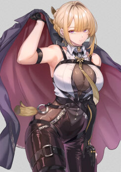 1girl arm_strap armpits bare_shoulders black_choker black_gloves black_jacket black_pants blonde_hair breasts chest_harness choker closed_mouth collared_shirt commentary earrings elbow_gloves english_commentary etidekailo evelyn_chevalier gloves half_gloves hand_up harness high-waist_pants highres holding holding_jacket holding_unworn_clothes holding_unworn_jacket jacket jewelry large_breasts long_hair looking_at_viewer mole mole_under_eye necktie o-ring pants pendant_choker purple_eyes ring_hair_ornament shirt single_elbow_glove single_half_glove sleeveless sleeveless_shirt solo thick_thighs thigh_strap thighs tight_clothes tight_pants twitter_username uneven_bangs unworn_jacket white_shirt yellow_necktie zenless_zone_zero zipper zipper_pull_tab