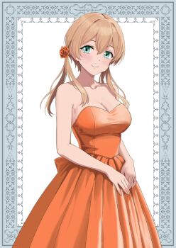 1girl alternate_costume blonde_hair bonta_(0607) breasts cleavage commentary_request dress flower green_eyes hair_between_eyes hair_flower hair_ornament highres kantai_collection large_breasts long_hair looking_at_viewer low_twintails orange_dress prinz_eugen_(kancolle) red_flower red_rose rose solo strapless strapless_dress twintails