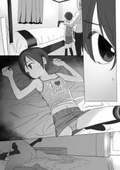 1boy 1girl age_difference aged_down expressionless flat_chest hetero highres loli lying multiple_views older_male_and_younger_female on_back panties panties_around_leg pantyshot ponyara_ta sequential sex short_hair skirt spread_legs standing tank_top thighhighs underwear upskirt