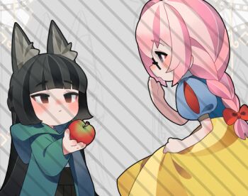2girls alternate_costume animal_ear_fluff animal_ears blunt_bangs blush character_request check_character chibi closed_mouth cosplay food fox_ears fox_girl fruit gachop99 green_jacket hair_between_eyes holding holding_food holding_fruit hoshimi_miyabi jacket long_hair looking_at_another multiple_girls pink_eyes pink_hair sidelocks snow_white_(disney) snow_white_(disney)_(cosplay) snow_white_and_the_seven_dwarfs_(disney) tsukishiro_yanagi yuri zenless_zone_zero