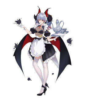 1girl absurdres animal animal_ears apron bat_(animal) bat_ears bat_girl bat_wings black_shoes breasts cup full_body gloves grey_hair high_heels highres holding large_breasts leviathan701 long_hair maid maid_headdress neck_ribbon original puffy_short_sleeves puffy_sleeves red_eyes red_ribbon ribbon shoes short_sleeves smile standing thighhighs waist_apron white_apron white_gloves white_thighhighs wings wrist_cuffs