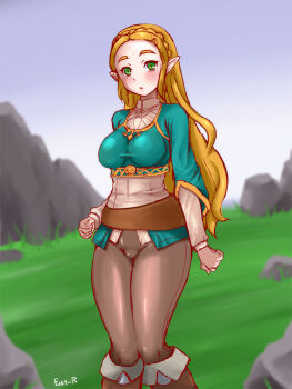Rule 34 | 1girl, blonde hair, blue shirt, blush, braid, breasts, crown braid, fast-r, feet out of frame, green eyes, hair ornament, hairclip, long hair, long sleeves, looking at viewer, medium breasts, nintendo, pointy ears, princess zelda, shirt, solo, the legend of zelda, the legend of zelda: breath of the wild, two-tone shirt, very long hair, white shirt