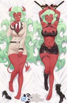 1girl :d armpits arms_up bare_legs barefoot bed_sheet belt black_shoes black_skirt boots breasts buttons cleavage coat collar colored_skin commentary crossed_wrists cuddly_octopus dakimakura_(medium) demon_girl demon_horns demon_tail double-breasted double_dakimakura_(medium) dual_wielding fang fang_out fangs feet full_body green_eyes green_hair gun handgun high_heel_boots high_heels high_heels_removed highres holding holding_gun holding_weapon horns iwbitu knee_boots large_breasts long_hair long_sleeves looking_at_viewer lying miniskirt multiple_views navel necktie o-ring o-ring_top on_back open_mouth panty_&amp;_stocking_with_garterbelt pencil_skirt pointy_ears red_necktie red_skin revolver scanty_(psg) sharp_teeth shirt shoes side_slit single_bare_foot single_boot skirt smile spiked_boots spiked_clothes spiked_collar spikes stomach studded_thigh_strap tail teeth thigh_strap toes unworn_shoes very_long_hair watermark wavy_hair weapon white_coat white_shirt white_skirt