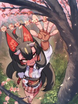 Rule 34 | 1girl, animal ears, arm up, black hair, bottle, breasts, cherry blossoms, choker, cleavage, colored skin, commentary request, extra ears, fingerless gloves, fox ears, fox girl, fox tail, gloves, highres, horns, japari symbol, kemono friends, kinkaku (kemono friends), large breasts, long hair, mcgunngu, outdoors, red skin, shirt, skirt, solo, tail, yellow eyes