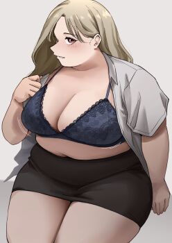 1girl black_skirt blonde_hair blue_bra blush bra breasts cleavage clothes_pull fat fat_woman grey_background lace lace-trimmed_bra lace_trim large_breasts legs_together long_hair miniskirt navel office_lady open_clothes open_shirt original plump red_eyes rin_noheki shirt shirt_pull sitting skirt solo thick_thighs thighs underwear white_shirt