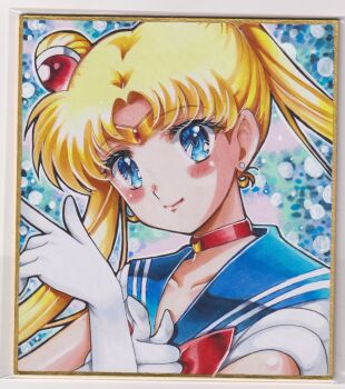 1girl bishoujo_senshi_sailor_moon bishoujo_senshi_sailor_moon_(first_season) blonde_hair blue_eyes blue_sailor_collar blush bow bowtie brooch chikoto_(kztc4472) choker closed_mouth collarbone crescent crescent_choker crescent_earrings earrings elbow_gloves gem gloves hair_bun hair_ornament highres jewelry lips long_hair looking_at_viewer magical_girl parted_bangs red_bow red_bowtie red_choker red_gemstone sailor_collar sailor_moon sailor_senshi_uniform shirt smile solo traditional_media tsukino_usagi twintails upper_body white_gloves white_shirt