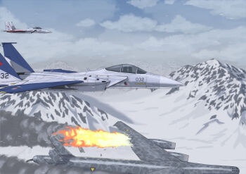 2boys ace_combat ace_combat_zero aircraft airplane blue_sky bm-335 bomber canopy_(aircraft) cipher_(ace_combat) cloud cloudy_sky commentary day english_commentary f-15_eagle fighter_jet fire galm_team helmet highres jet_bomber kevincipher landscape larry_foulke military military_vehicle mountain mountainous_horizon multiple_boys outdoors oxygen_mask pilot pilot_helmet roundel shot_down silhouette sky smoke snow vehicle_focus