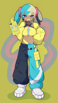 1girl absurdres afuron bandeau belt black_belt blue_eyes canari_(pokemon) commentary_request gen_4_pokemon grin hand_on_own_hip hand_up highres jacket long_sleeves looking_at_viewer mask mask_pull mouth_mask multicolored_hair nintendo pants pokemon pokemon_legends:_z-a rotom rotom_phone shoes smile standing teeth twintails white_shoes yellow_bandeau yellow_jacket zipper zipper_pull_tab