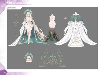 1girl absurdly_long_hair ass azur_lane bad_e-hentai_link bad_link blonde_hair breasts cleavage dress elf gouden_leeuw_(azur_lane) grey_background highres huge_breasts jewelry long_bangs long_hair official_art pointy_ears pubic_tattoo reference_sheet revealing_clothes simple_background solo tattoo thighlet third-party_source very_long_hair white_dress