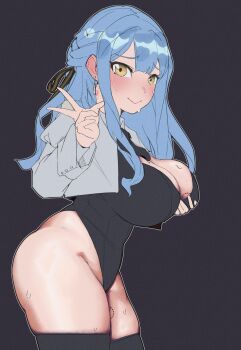 1girl absurdres alternate_breast_size bang_dream! bang_dream!_it&#039;s_mygo!!!!! bite_mark bite_mark_on_breast bite_mark_on_thigh black_background blue_hair blush braid breasts chinese_commentary cowboy_shot grabbing_own_breast highres laoqigua02 large_breasts long_hair looking_at_viewer simple_background smile solo sweat thick_thighs thighhighs thighs togawa_sakiko v vest yellow_eyes