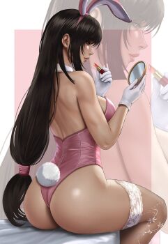 1girl animal_ear_hairband animal_ears applying_lipstick applying_makeup ass backless_leotard black_hair breasts brown_eyes commentary cosmetics detached_collar fake_animal_ears fake_tail feet_out_of_frame final_fantasy final_fantasy_vii final_fantasy_vii_remake from_side gloves hairband highleg highleg_leotard highres holding holding_lipstick_tube holding_mirror kittymiya large_breasts leotard lipstick lipstick_tube long_hair looking_at_mirror low-tied_long_hair makeup mirror outside_border pink_leotard pink_lips playboy_bunny profile rabbit_ear_hairband rabbit_ears rabbit_tail sitting strapless strapless_leotard tail thighhighs tifa_lockhart very_long_hair white_gloves zoom_layer