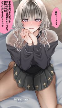 1boy black_hair black_skirt black_sweater blunt_bangs blush brown_pantyhose cross cross_print crossdressing crossdressing_(mtf) grey_hair hair_between_eyes hand_blush hands_up highres indoors interlocked_fingers legs_folded long_hair long_sleeves looking_at_another looking_at_viewer makeup male_focus multicolored_hair on_bed original own_hands_clasped own_hands_together paid_reward_available pantyhose parted_lips pleated_skirt polka_dot_sweater pov raised_inner_eyebrows roots_(hair) see-through_clothes shisei_(kyuushoku_banchou) sidelocks sitting skirt solo speech_bubble spread_legs streaked_hair sweater thighs translated trap two-tone_hair upturned_eyes wavy_hair wavy_mouth wolf_cut wooden_floor