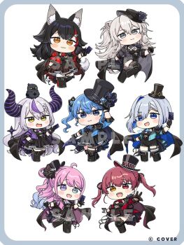 6+girls ahoge amane_kanata animal animal_ear_fluff animal_ears animal_on_head arm_up bird black_boots black_gloves black_hair black_hat black_jacket black_skirt blue_eyes blue_hair blue_jacket boots border brown_eyes card chibi commentary_request crow_(la+_darknesss) fold-over_boots gloves gradient_hair green_eyes grey_border grey_hair greyscale hand_on_headwear hat heterochromia himemori_luna holding holding_card hololive hoshimachi_suisei houshou_marine jacket knee_boots la+_darknesss lion_ears lion_girl lion_tail mini_hat mini_top_hat mochimiko monochrome multicolored_hair multiple_girls official_art on_head ookami_mio pink_hair pink_jacket pleated_skirt purple_eyes purple_hair purple_jacket red_eyes red_hair red_jacket sample_watermark shishiro_botan single_hair_intake skirt streaked_hair tail tilted_headwear top_hat two-tone_hair virtual_youtuber watermark white_background wolf_ears wolf_girl wolf_tail