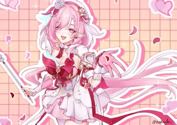 1girl beret breasts cleavage commentary_request diamond-shaped_pupils diamond_(shape) dress earrings elf elysia_(hi_love_elf)_(honkai_impact) elysia_(honkai_impact) falling_petals gloves grid_background hat heart heart_earrings highres holding_ribbon_baton honkai_(series) honkai_impact_3rd jewelry large_breasts long_hair looking_at_viewer multicolored_hair natsukn petals pink_gloves pink_hair pointy_ears purple_eyes red_dress single_glove smile solo symbol-shaped_pupils twitter_username two-tone_hair very_long_hair white_dress white_hair