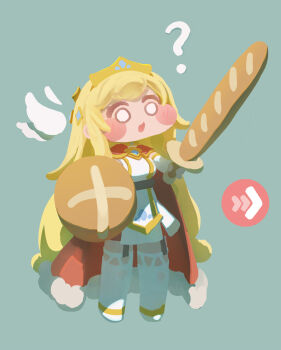 1girl ? arrow_(symbol) baguette blonde_hair blue_background blush bread brooch cape chibi chibi_only commentary_request detached_sleeves detached_wings dress erpin_(trickcal) feathered_wings food food-themed_weapon full_body fur-trimmed_cape fur_trim garter_straps gold_choker gold_tiara hair_ornament highres holding holding_bread holding_food holding_shield holding_weapon jewelry long_hair o_o open_mouth red_cape shield simple_background sleeveless sleeveless_dress sol3ssus solo sword thighhighs trickcal very_long_hair weapon white_dress white_thighhighs white_wings wings