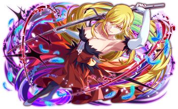 1girl arm_up armpits black_pantyhose blonde_hair blue_feathers breasts cel_shading closed_mouth crash_fever dress dutch_angle elbow_gloves feathers floating_hair from_above full_body game_cg gloves grey_footwear high_heels holding holding_sword holding_weapon katana kiss-shot_acerola-orion_heart-under-blade kokorowatari large_breasts long_hair monogatari_(series) official_art ootachi oshino_shinobu outline pantyhose pointy_ears red_dress red_outline solo standing strapless strapless_dress sword tachi-e transparent_background very_long_hair weapon white_gloves yellow_eyes