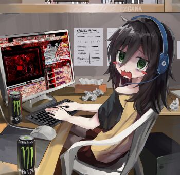 1girl absurdres chair computer crying crying_with_eyes_open energy_drink highres kagana_helsuki kuroki_tomoko looking_at_viewer monitor monobloc_(chair) monster_energy on_chair scared tears watashi_ga_motenai_no_wa_dou_kangaetemo_omaera_ga_warui! youtube