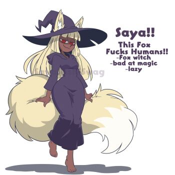 Rule 34 | animal ear fluff, animal ears, black dress, black hat, breasts, dark skin, dress, drop shadow, english text, foot up, fox ears, fox girl, fox tail, hand on own tail, hat, highres, hood, hood down, long sleeves, looking at viewer, original, red eyes, sayasushiswag, simple background, standing, standing on one leg, tail, two-tone tail, watermark, white background, white fur, witch hat, yellow fur