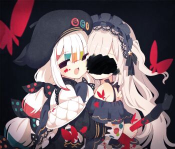 2girls beret black_background black_jacket black_ribbon blood blood_on_clothes blood_on_face bloody_weapon blue_hairband bow bug butterfly censored censored_identity cheek-to-cheek dress empty_eyes evil_smile frilled_dress frills gothic_lolita hairband hat heads_together highres hug insect jacket lolita_fashion lolita_hairband long_hair long_sleeves looking_at_viewer magical_girl mahou_shoujo_no_majo_saiban manobo multi-tied_hair multicolored_hair multiple_girls murder no_pupils polka_dot polka_dot_bow red_butterfly ribbon scribble_censor smile spoilers stab streaked_hair weapon white_hair