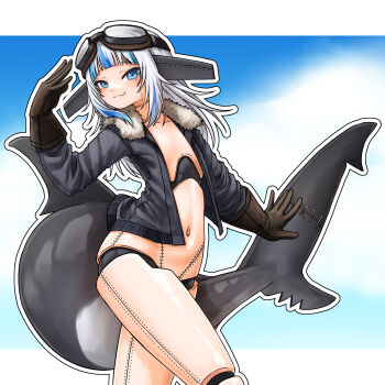 1girl aviator_goggles black_jacket blue_eyes blue_hair blunt_bangs brown_gloves doll_joints fins fish_tail gawr_gura gloves goggles goggles_on_head grey_hair highres hololive hololive_english jacket joints long_hair long_sleeves looking_at_viewer mechanization multicolored_hair navel open_clothes open_jacket shark_girl shark_tail sharp_teeth smile solo streaked_hair superfann tail teeth virtual_youtuber