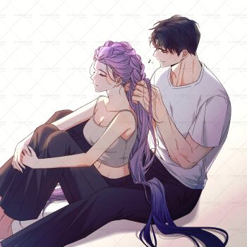 Rule 34 | 1boy, 1girl, adjusting another's hair, argyle background, barefoot, black hair, black pants, braiding hair, breasts, camisole, cleavage, closed eyes, collarbone, commentary request, crop top, fingernails, forehead, grey camisole, hairdressing, hetero, highres, hugging own legs, jinu (kpop demon hunters), kpop demon hunters, large breasts, long hair, musical note, navel, pants, purple hair, rmflarp eks, rumi (kpop demon hunters), shirt, sitting, smile, t-shirt, veins, veiny hands, very long hair, watermark, white shirt