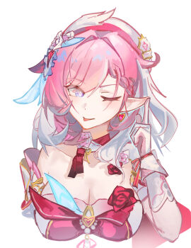 1girl ;p absurdres beret breasts chinese_commentary cleavage commentary_request cropped_torso diamond-shaped_pupils diamond_(shape) dress earrings elf elysia_(hi_love_elf)_(honkai_impact) elysia_(honkai_impact) gloves hat heart heart_earrings highres honkai_(series) honkai_impact_3rd jewelry large_breasts long_hair multicolored_hair one_eye_closed pink_hair pointy_ears purple_eyes red_dress simple_background solo symbol-shaped_pupils tongue tongue_out two-tone_hair very_long_hair white_background white_gloves white_hair xianluojimaomao2333