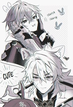 2boys ahoge anger_vein armor belt belt_collar black_gloves choker coat collar collared_shirt commentary english_text fingerless_gloves genshin_impact gloves greyscale hair_between_eyes hair_intakes hand_on_another's_arm hands_on_another's_face heart height_difference highres lohen_(genshin_impact) long_sleeves male_focus meronppaii mole mole_under_eye monochrome multiple_boys open_clothes open_coat scar scar_on_face shirt short_hair shoulder_armor squishing untranslatable_commentary upper_body varka_(genshin_impact) white_background yaoi