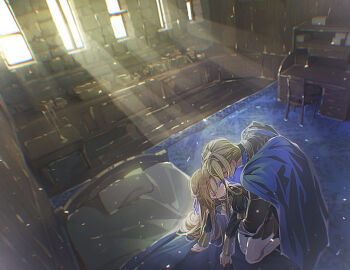 1boy 1girl alternate_universe bed blonde_hair blue_cape brown_hair cape chair commentary_request couple desk dimitri_alexandre_blaiddyd edelgard_von_hresvelg fire_emblem fire_emblem:_three_houses garreg_mach_monastery_uniform hetero highres indoors nintendo official_alternate_hair_color one_eye_closed pillow short_hair soma_otakuu thighhighs white_thighhighs window