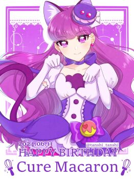1girl animal_ears breasts cat_ears character_name choker collarbone cure_macaron dated dress earrings elbow_gloves extra_ears food-themed_hair_ornament gloves hair_ornament happy_birthday heart_pouch jewelry kirakira_precure_a_la_mode kotozume_yukari long_hair looking_at_viewer macaron_hair_ornament magical_girl pom_pom_(clothes) pom_pom_earrings precure purple_choker purple_eyes purple_hair purple_tail ribbon_choker small_breasts smile solo tanshi_tanshi twitter_username upper_body very_long_hair white_gloves