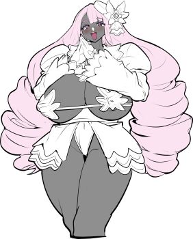 1girl areola_slip breasts dark-skinned_female dark_skin dress female_focus flower hair_flower hair_ornament highres huge_breasts jacinthe_(pokemon) julioalqae long_hair looking_at_viewer nintendo pink_hair pokemon sketch solo standing thick_thighs thighs white_background white_dress wide_hips