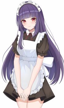 1girl absurdres alternate_costume apron black_dress blunt_bangs blush closed_mouth collar commentary cowboy_shot dress frilled_apron frilled_sleeves frills genshin_impact highres lilack_gg long_hair looking_at_viewer maid maid_apron maid_headdress own_hands_together puffy_short_sleeves puffy_sleeves purple_hair red_eyes red_ribbon ribbon short_sleeves simple_background smile solo white_apron white_background white_collar white_headdress yun_jin_(genshin_impact)
