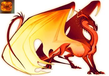 beak claws colored_sclera dragon dragon_horns from_side full_body gem highres horns monster monster_focus multicolored_eyes night_heart no_humans orange_gem orange_sclera original oversized_wings photo_inset red_scales reference_inset simple_background solo spines talons western_dragon wings wings_of_fire yellow_pupils yellow_wings