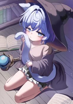 1girl absurdres animal_ears bags_under_eyes black_robe black_skirt blue_eyes blue_hair book bookshelf cat_ears cat_girl cat_tail commentary expressionless fang fang_out frilled_skirt frills full_body grey_shirt hat highres holding_own_tail long_sleeves looking_at_viewer mage_staff off_shoulder open_clothes open_robe original robe seiza shirt short_hair silvia122 sitting skirt sleepy staff symbol-only_commentary tail witch witch_hat wooden_floor