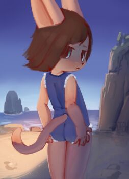 1girl animal_ears ass beach black_hair blue_eyes blue_one-piece_swimsuit clear_sky feet_out_of_frame female_focus from_behind furry furry_female grabbing_own_ass loli looking_at_viewer looking_back one-piece_swimsuit orphira outdoors rock sky solo standing swimsuit tail water