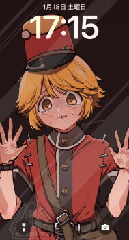 1boy against_glass bag blonde_hair brown_bag crying fake_phone_screenshot fake_screenshot hand_on_glass hat highres identity_v kepi looking_at_viewer male_focus military_hat moio3oiom red_hat red_shirt satchel shirt solo stitched_mouth stitches twitter_username victor_grantz watch wristwatch yellow_eyes