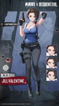 1girl animated arm_up armpits audible_speech belt beretta_92 black_belt black_boots black_gloves black_pants blue_shirt boots bouncing_breasts breasts cleavage covered_navel curvy english_audio fingerless_gloves forehead full_body gloves goddess_of_victory:_nikke gun handgun highres holding holding_gun holding_weapon jewelry jill_valentine large_breasts magazine_(weapon) necklace official_art pants pouch reloading resident_evil shirt short_hair sleeveless sleeveless_shirt smile solo sound standing tagme thigh_pouch thigh_strap video weapon wide_hips