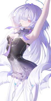 1girl absurdres armpits arms_up breasts closed_mouth colored_eyelashes commentary cowboy_shot dress grey_hair hair_ornament hair_over_one_eye halo highres long_hair looking_at_viewer lorikaruu medium_breasts mornye_(wuthering_waves) no_jacket purple_dress red_eyes simple_background solo very_long_hair white_background wuthering_waves