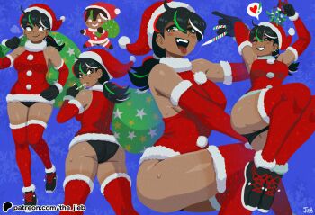 ! 1girl absurdres arms_up artist_name ass black_gloves black_hair black_panties black_shoes blue_background blush blush_stickers breasts brown_eyes candy candy_cane closed_mouth dark-skinned_female dark_skin detached_sleeves ear_piercing fang food gloves green_bag green_hair hat heart highres holding holding_candy holding_candy_cane holding_food holding_mistletoe holding_sack mistletoe multicolored_hair multiple_views one_eye_closed open_mouth original panties patreon_logo patreon_username piercing ponytail red_hair red_hat red_shirt red_thighhighs sack saliva saliva_trail santa_costume santa_hat shirt shoes smile speech_bubble spoken_exclamation_mark spoken_heart star_(symbol) star_print streaked_hair sweat tan tanline teeth the_jieb thighhighs thighs tongue tongue_out underwear upper_teeth_only white_hair yeet-chan_(the_jieb)