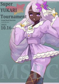 1girl absurdres ascot clefable commentary_request dark-skinned_female dark_skin demekin2333 dress fascinator fishnet_pantyhose fishnets frilled_ascot frills gen_1_pokemon glove_bow gloves gold_ring highres jacinthe_(pokemon) juliet_sleeves long_hair long_sleeves looking_at_viewer low_drills mega_clefable mega_pokemon mega_stone nintendo open_mouth pantyhose pokemon pokemon_(creature) pokemon_legends:_z-a puffy_sleeves purple_dress purple_eyes purple_hair smile teeth upper_teeth_only very_dark_skin white_gloves wings