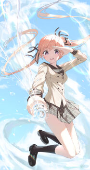 1girl absurdres amano_erika arm_up black_ribbon black_socks blue_sky bottle commentary_request floating floating_hair hair_ribbon hidulume highres holding holding_bottle kakkou_no_iinazuke long_hair long_sleeves looking_at_viewer miniskirt open_mouth plaid_clothes plaid_skirt plastic_bottle ribbon sailor_collar school_uniform skirt sky socks twintails water