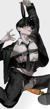1boy abs absurdres after_insertion animal_ears arm_up bare_pectorals belt black_belt black_corset black_eyes black_hair black_jacket black_male_underwear black_necktie black_pants blush bulge carrot chest_belt cigarette clothing_cutout corset cum cum_on_body cum_on_clothes cum_on_male cum_on_pectorals detached_collar fake_animal_ears fake_tail formal_clothes glasses grey_background grin hand_up highres implied_yaoi jacket kneeling long_sleeves looking_at_viewer male_focus male_playboy_bunny male_underwear mau_sakura mouth_hold navel necktie open_clothes open_jacket open_mouth original pants pectorals playboy_bunny rabbit_ears rabbit_tail revealing_clothes sexually_suggestive short_hair simple_background sitting smile smoking solo suggestive_fluid suit tail teeth teeth_hold thigh_cutout thigh_strap toned toned_male underwear white_background