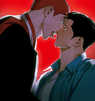 Rule 34 | 2boys, black hair, black jacket, blood, blood on face, blue shirt, collared shirt, fatcat, highres, jacket, looking at another, male focus, mito youhei, multiple boys, nosebleed, open clothes, open shirt, red background, red hair, sakuragi hanamichi, shirt, short hair, simple background, slam dunk (series), tongue, tongue out, white hair, yaoi