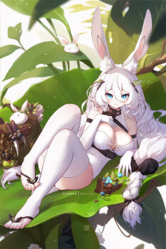 1girl animal_ear_fluff animal_ears bag belt black_belt black_ribbon blue_eyes braid breasts cleavage cleavage_cutout closed_mouth clothing_cutout commentary_request elbow_gloves gloves hair_ornament hair_ribbon hand_on_own_chest knife leaf leaf_hair_ornament leotard long_hair mitsu_(mitsu_art) original patreon_username potion rabbit rabbit_ears rabbit_girl ribbon smile solo stirrup_legwear thighhighs toeless_legwear toes white_gloves white_hair white_leotard white_thighhighs