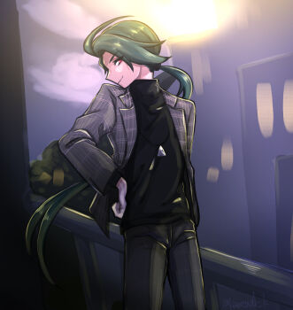 1girl alternate_costume black_shirt closed_mouth commentary_request eyelashes green_hair grey_jacket grey_pants hand_on_own_hip highres jacket kishimoto_notsuru long_hair long_sleeves nintendo open_clothes open_jacket pants pokemon pokemon_sv ponytail railing red_eyes rika_(pokemon) shirt smile solo