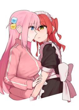 2girls absurdres apron blue_eyes blush bocchi_the_rock! commentary cube_hair_ornament face-to-face finerain gotoh_hitori hair_ornament hand_on_another&#039;s_arm highres imminent_kiss kita_ikuyo long_hair maid maid_apron maid_headdress multiple_girls pink_hair pink_track_suit red_hair side_ahoge side_ponytail simple_background sweatdrop track_suit translation_request white_background yellow_eyes yuri
